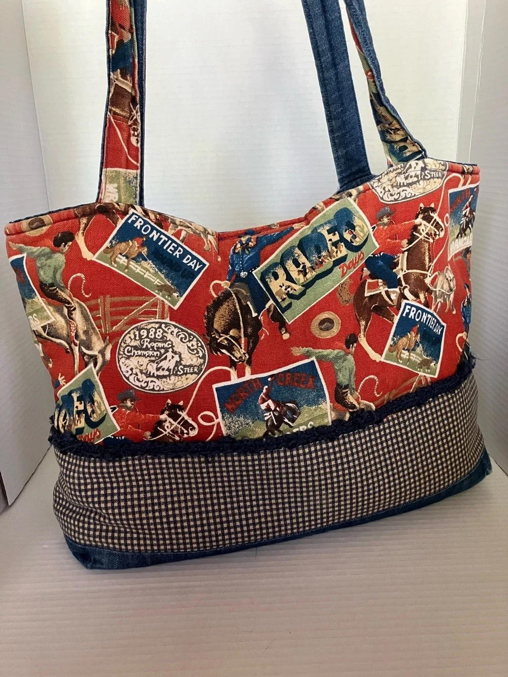The Neat Vtg Western‎ Print Red Fabric Tote Bag with Denim Trim 17x13” Wyoming